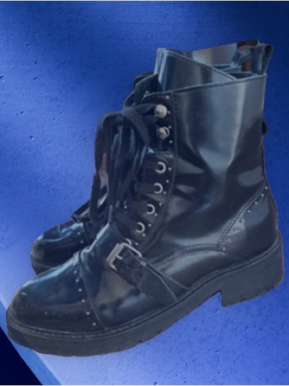 All Saints Black Patent Lace-Up Combat Boots with Buckles and studs